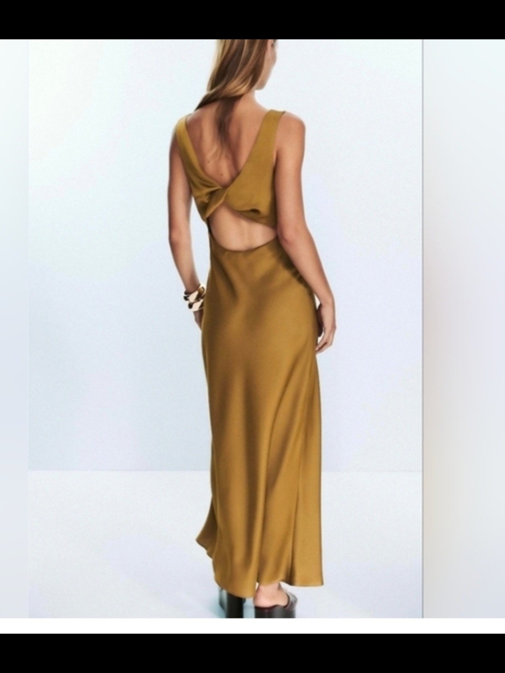 Zara Satin V-Neck Maxi Dress in Olive Gold Green - Picture 4 of 7